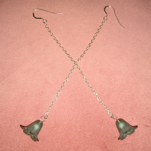 Smoky Blue Flower Earrings Solid 925 Sterling Silver Ear Hooks Long Dangle Chain - Picture 5 of 10